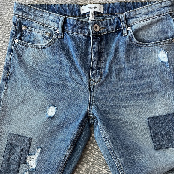 Mango Premium Patchwork Denim Nancy Relaxed Cropped Distressed Jeans Rivets 4 - Picture 2 of 14